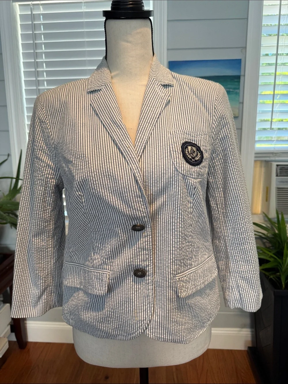 Striped Seersucker Blazer with Crest Patch - Nautical Blue